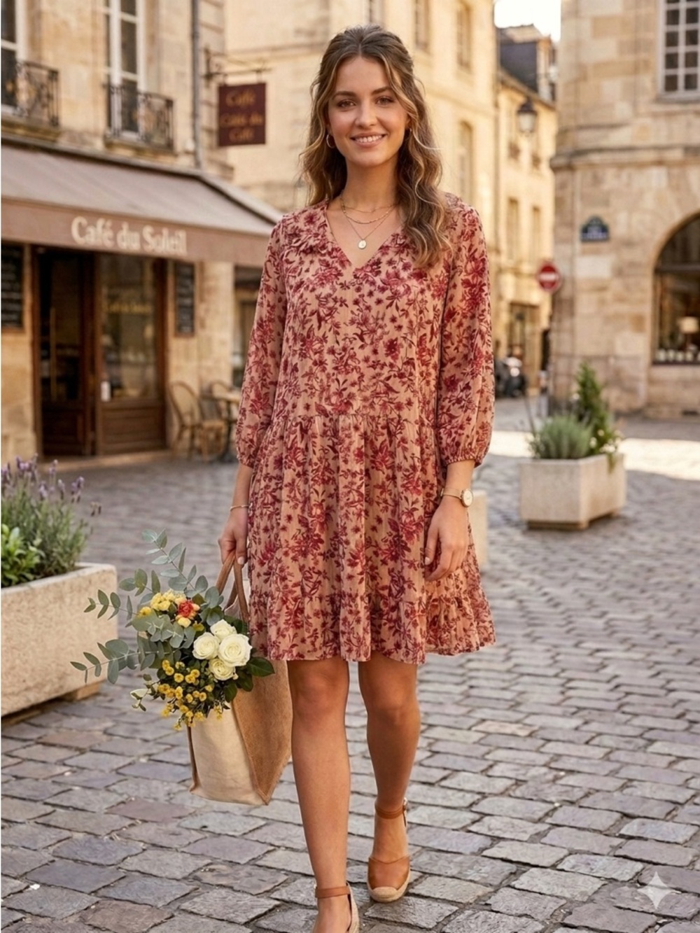 Esmara Dress Floral Midi Chiffon burgundy beige lined ruffles v-neck 12 bohemian